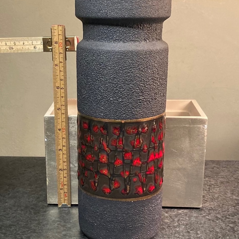 Dümler & Breiden tall black lava vase with red and gold, Made in Germany, 1960s